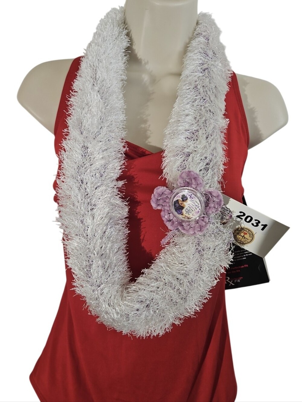 Handmade Faux Fur Crochet Boa Scarf Lavender Pain Awareness Brooch OOAK Botanica